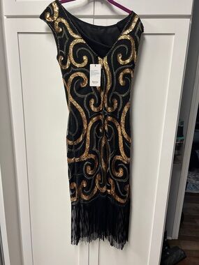 Black & Gold Sequin Fringe Midi Dress - flapper costume